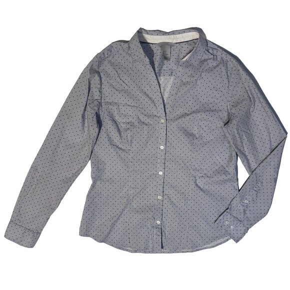 H&M Women’s Blue Polka Dot V-neck Button Down Shirt 12 Long Sleeve Size - Picture 1 of 8